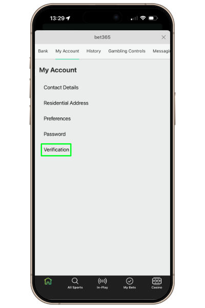 verification on the bet365 app
