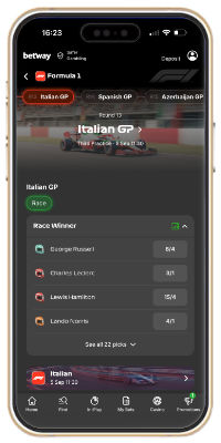 F1 betting on the Betway app