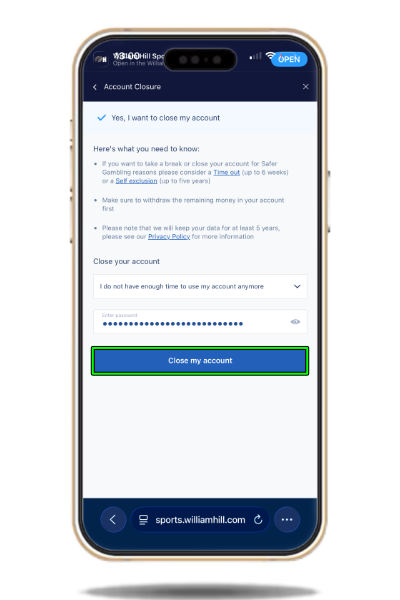Completing William Hill account closure request