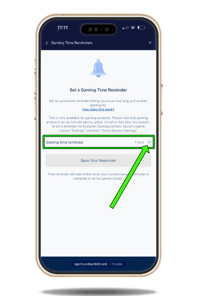 How to change gaming time reminders on the William Hill app