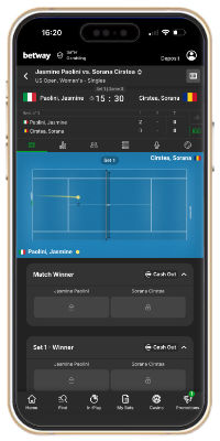 In-play tennis markets on the Betway app