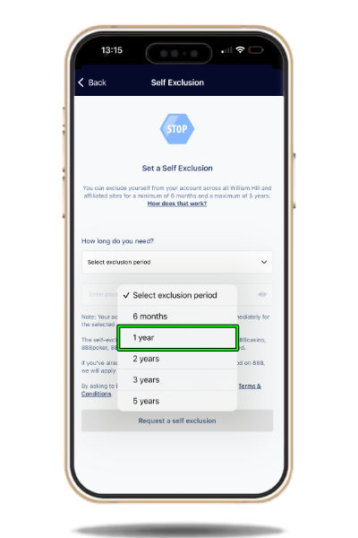 Setting a one year self exclusion on the William Hill app