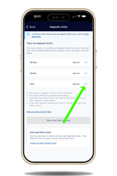 How to set a deposit limit on the William Hill app