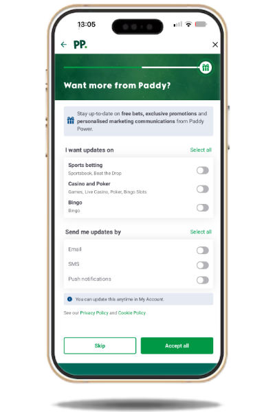 confirming contact preferences for a Paddy Power account